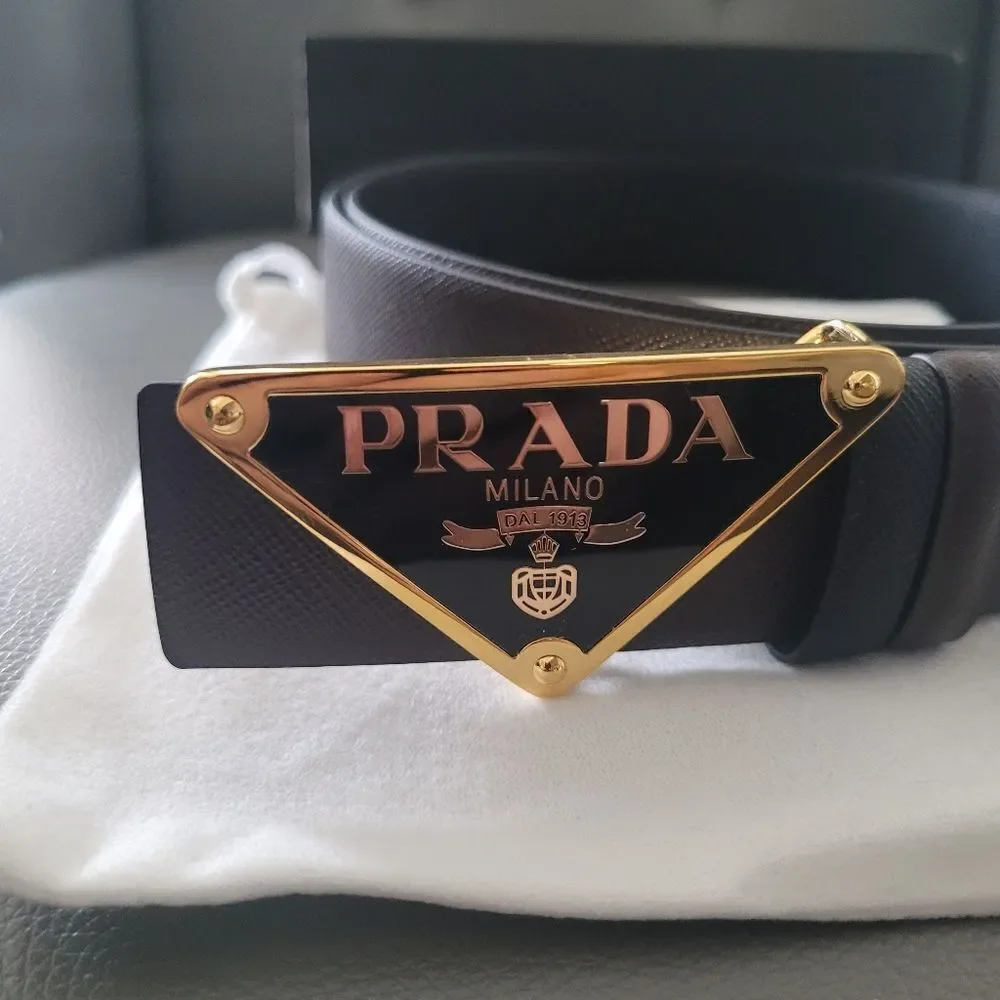 Prada Reversible Black/Brown Leather Belt with Gold Logo. Size 42